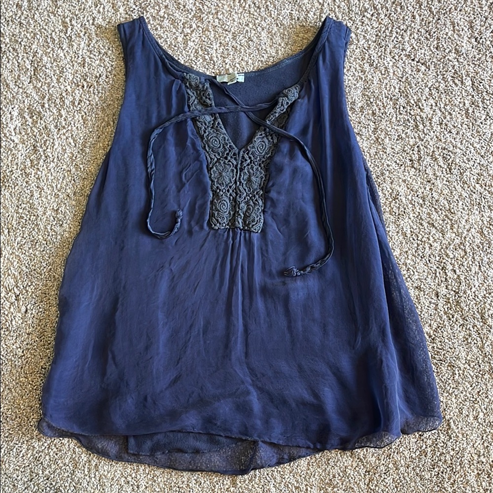 Blue Sleeveless Tie Front Embellished Blouse